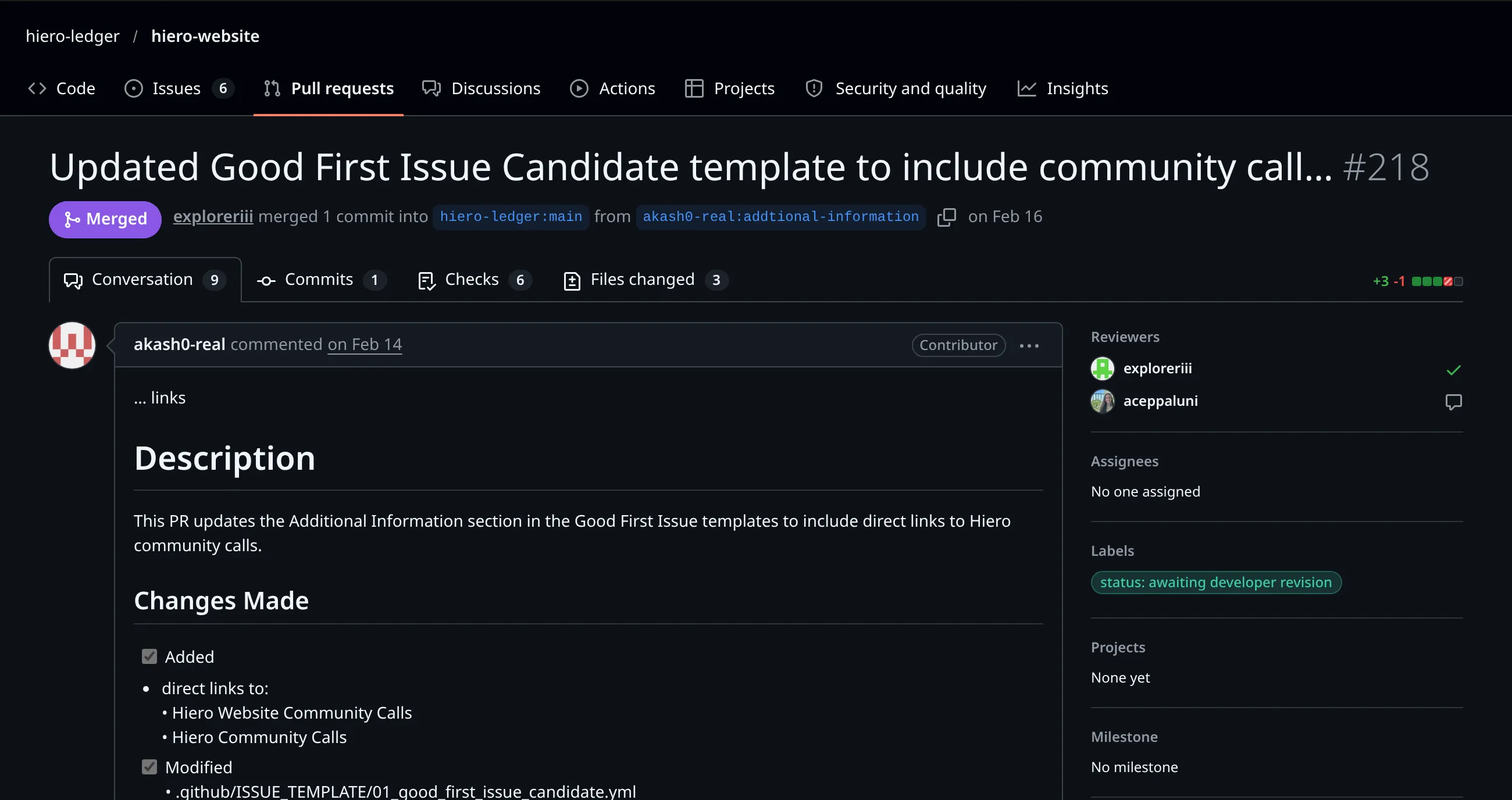 Pull request #218 on hiero-website, updating the Good First Issue Candidate template with community call links, marked Merged on 16 February