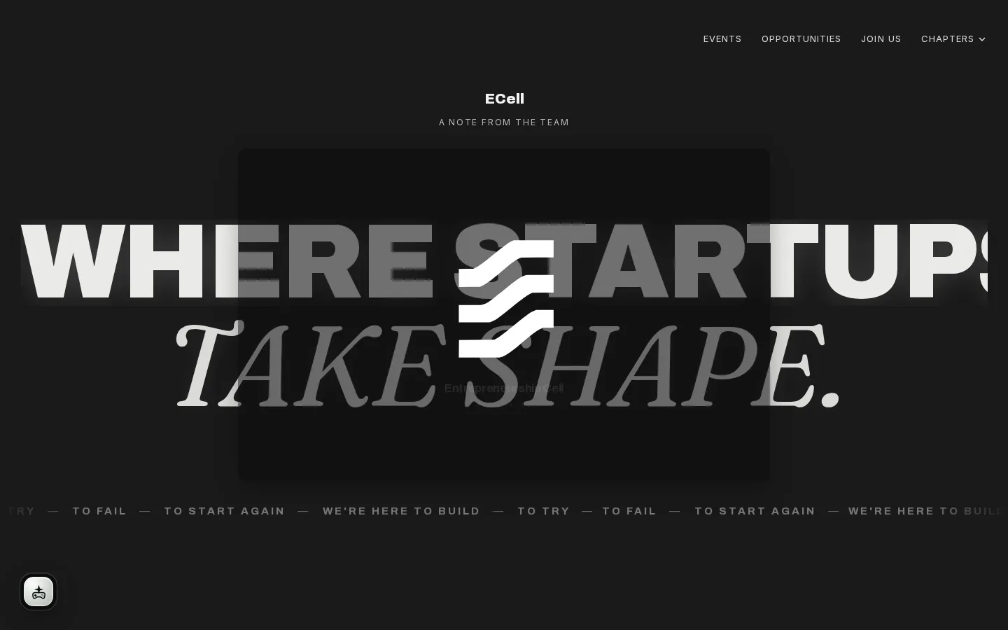 Dark section of the E-Cell site reading “Where startups take shape” over the cell’s logo